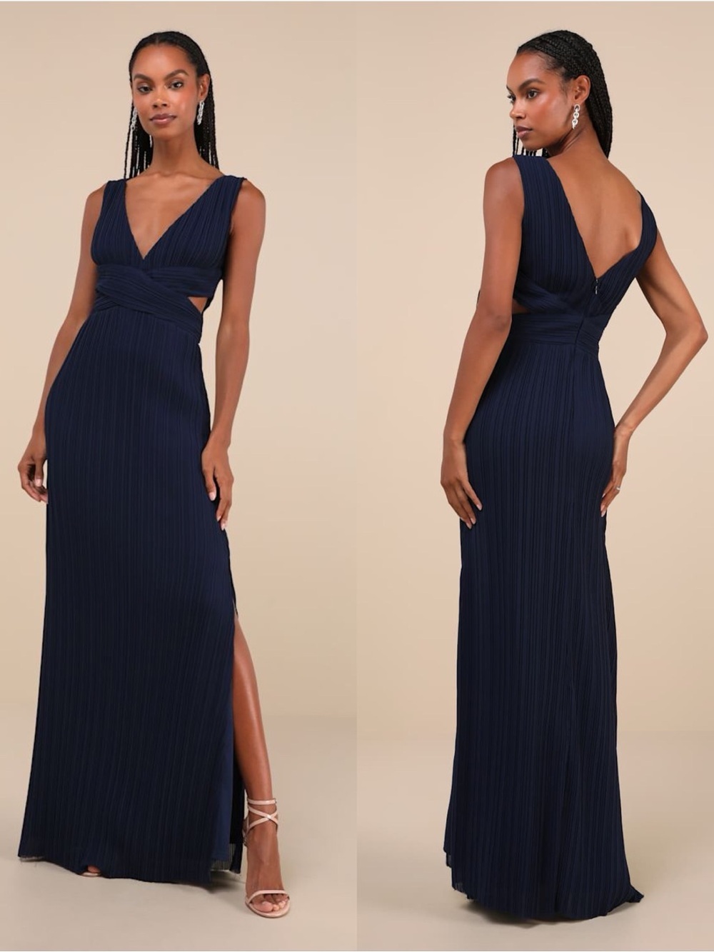 LULU’S Compelling Poise Navy Blue Plisse Cutout Sleeveless Maxi Dress